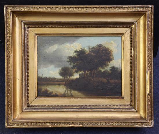 Norwich School Angler in a river landscape 7.25 x 10in.